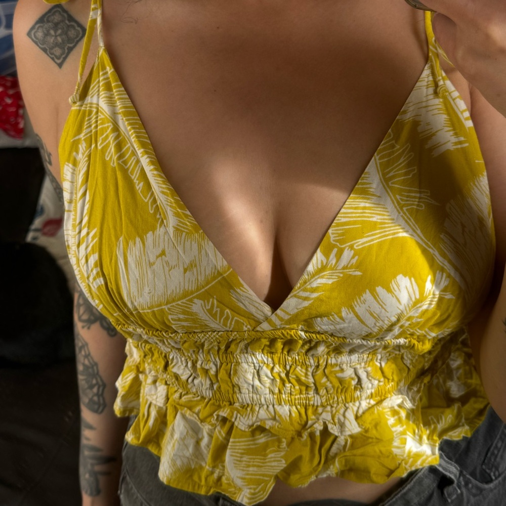 Yellow White Tropical Print Tie-Strap Sundress
